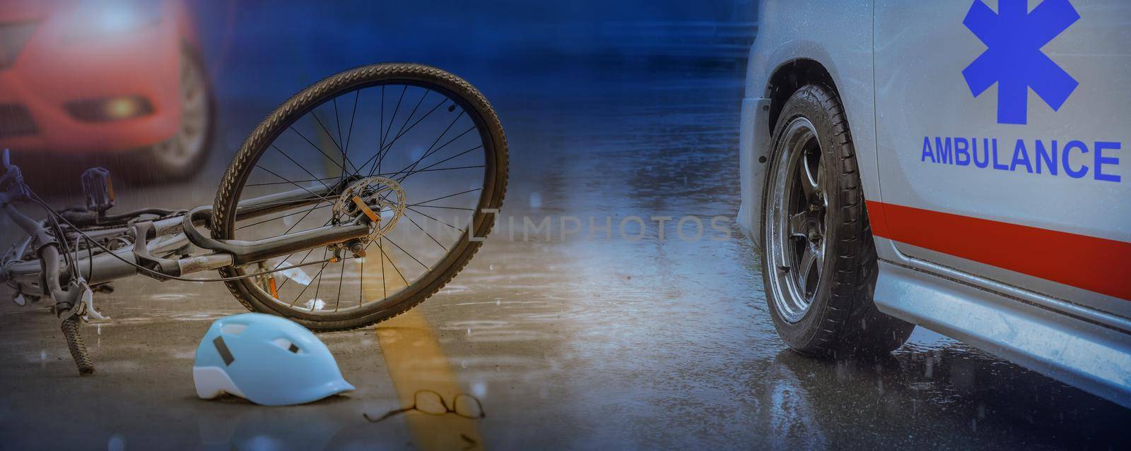 Accident car crash with bicycle on road ,rainy day at night time. by toa55