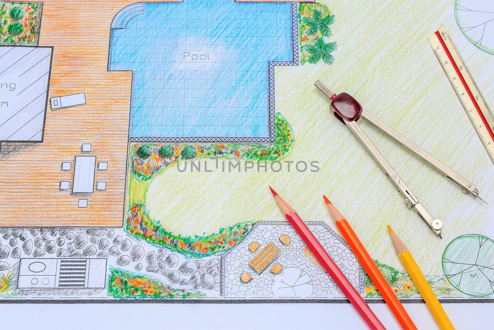 Backyard garden and pool design plan for villa.