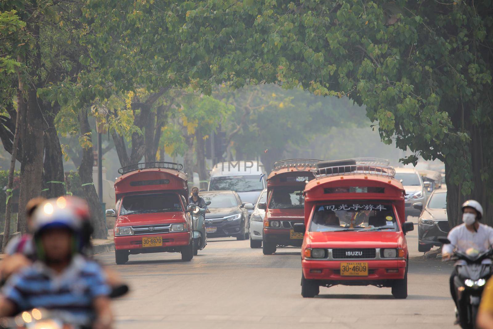 CHIANG MAI THAILAND - Mar 15 : The polluted skies over Chiang Mai. Forest fires have sent air quality in nine provinces to a level considered harmful to people's health, March 15,2019 in Old town , Chiangmai, Thailand.