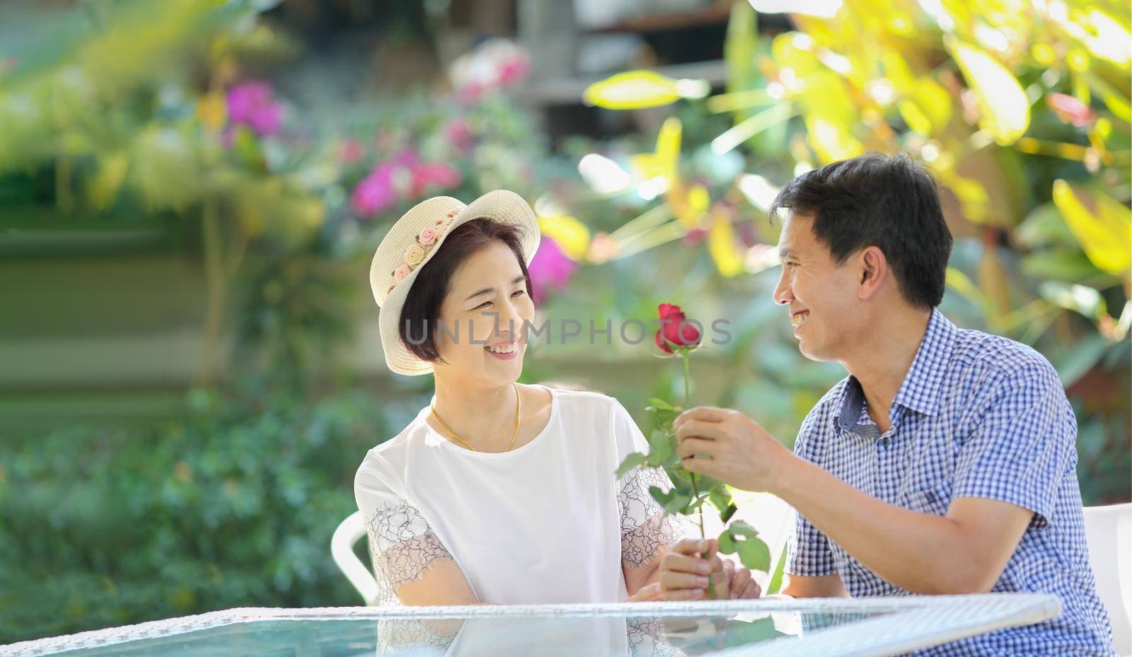 Asian middle-aged man gives a rose to his wife in valentine day by toa55