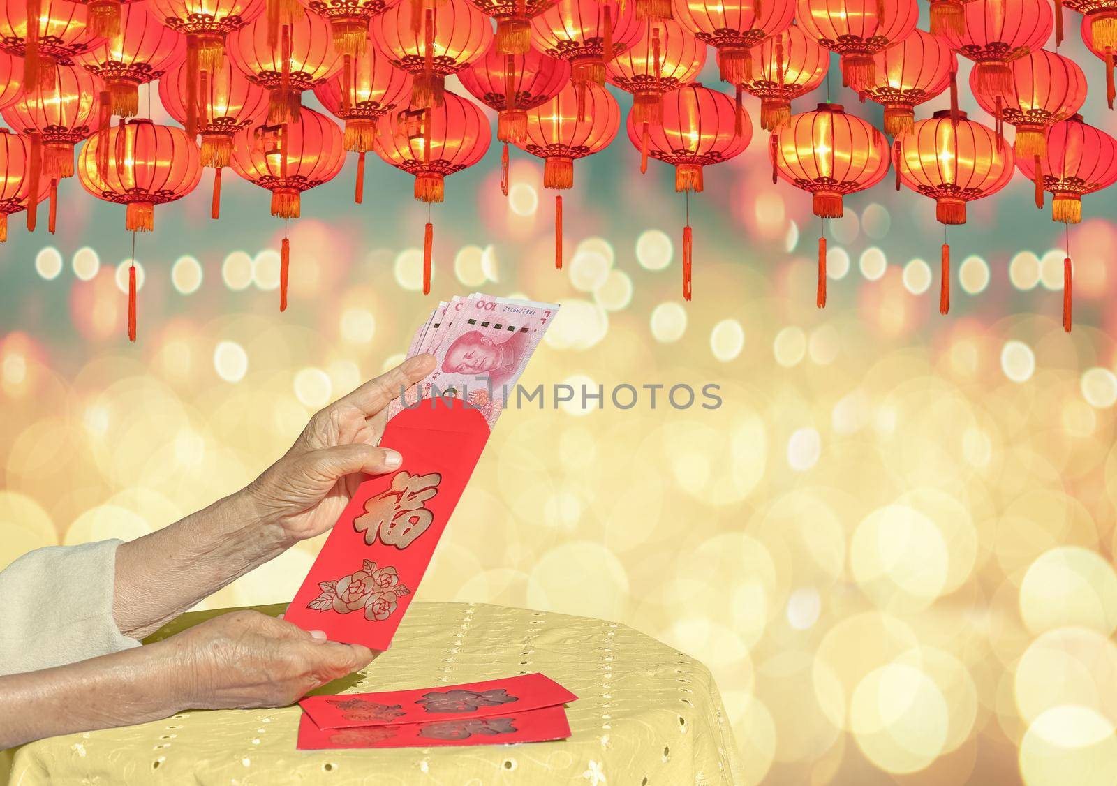 Red envelope chinese new year or hong bao , text on envelope meaning good luck