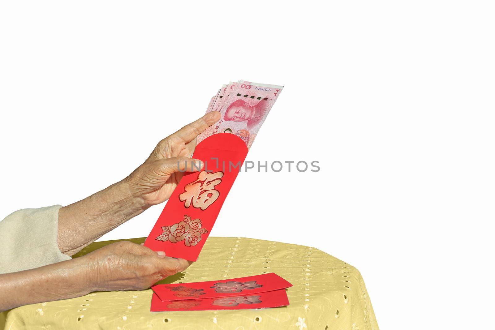 Red envelope chinese new year or hong bao , text on envelope meaning good luck
