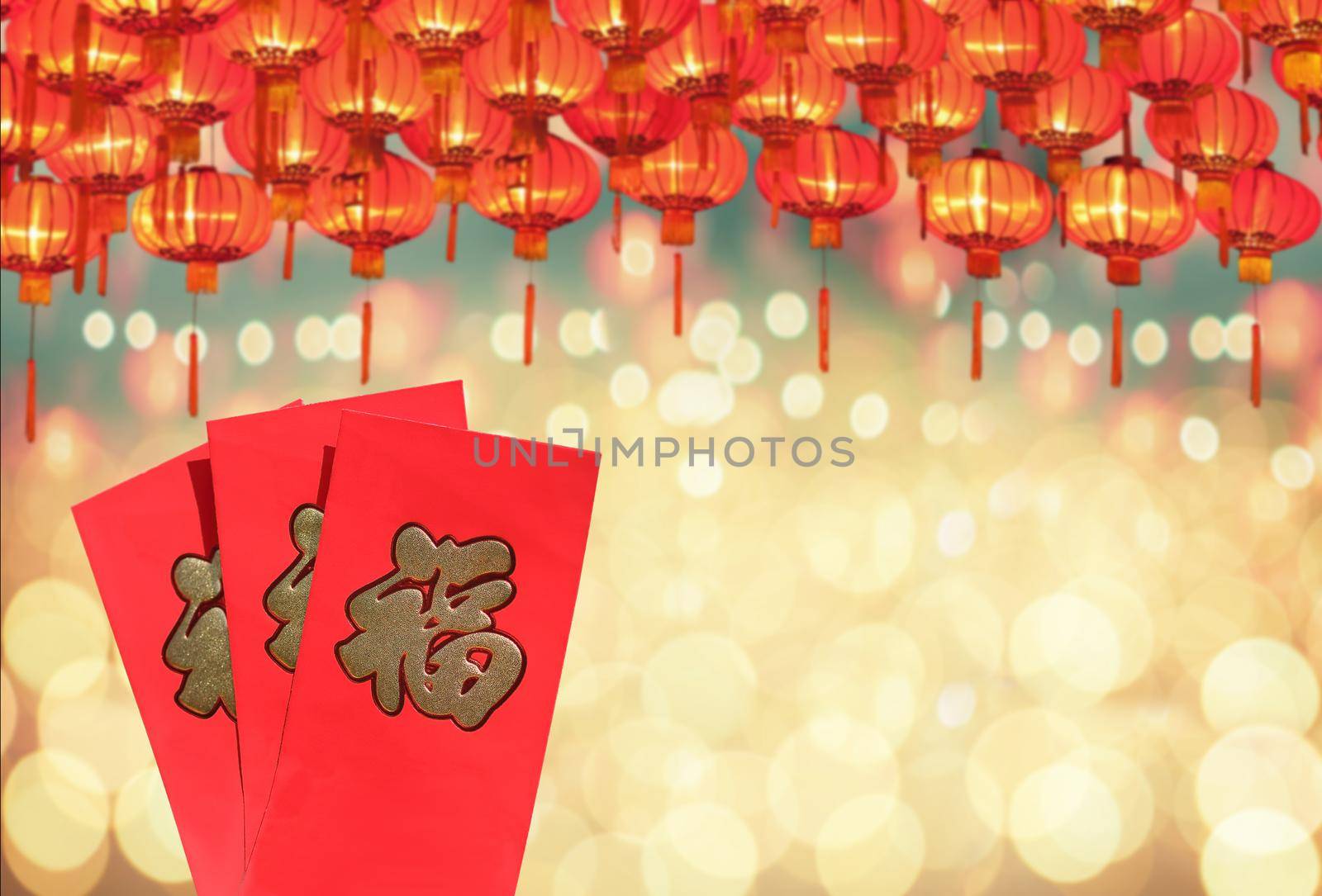 Red envelope chinese new year or hong bao , text on envelope meaning good luck