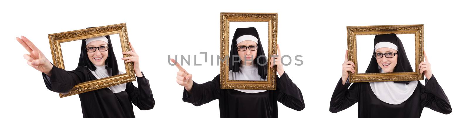 Young nun with frame isolated on white