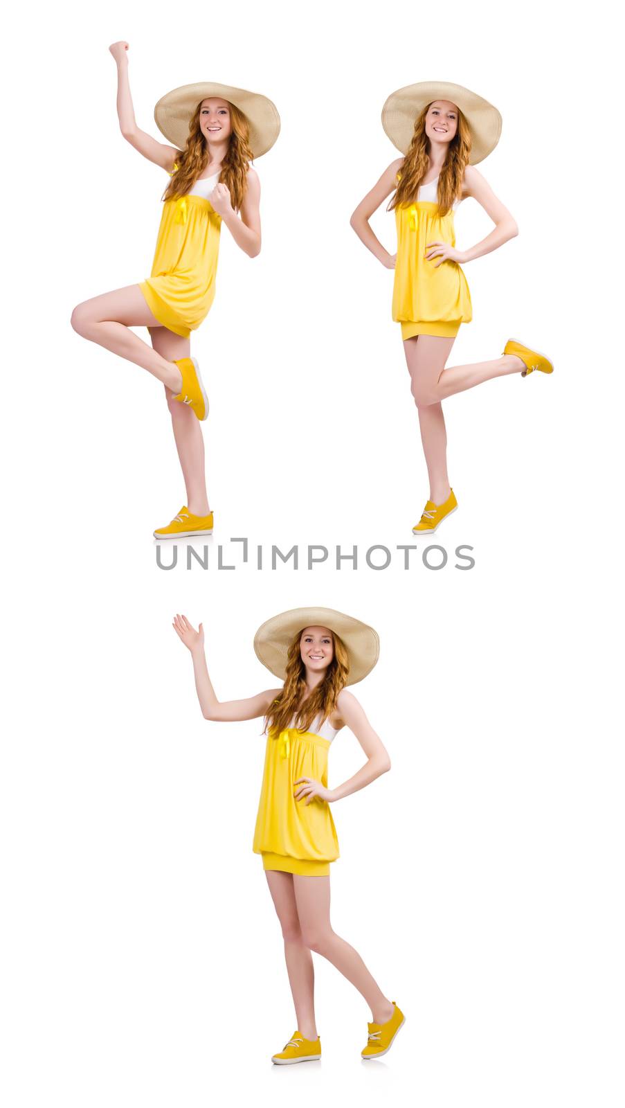 Young woman in yellow summer dress isolated on white