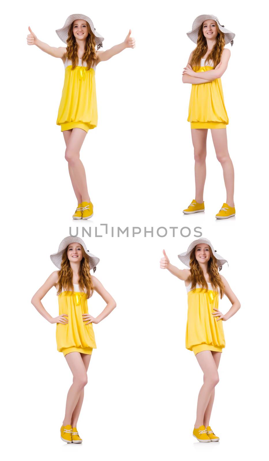 Young woman in yellow summer dress isolated on white