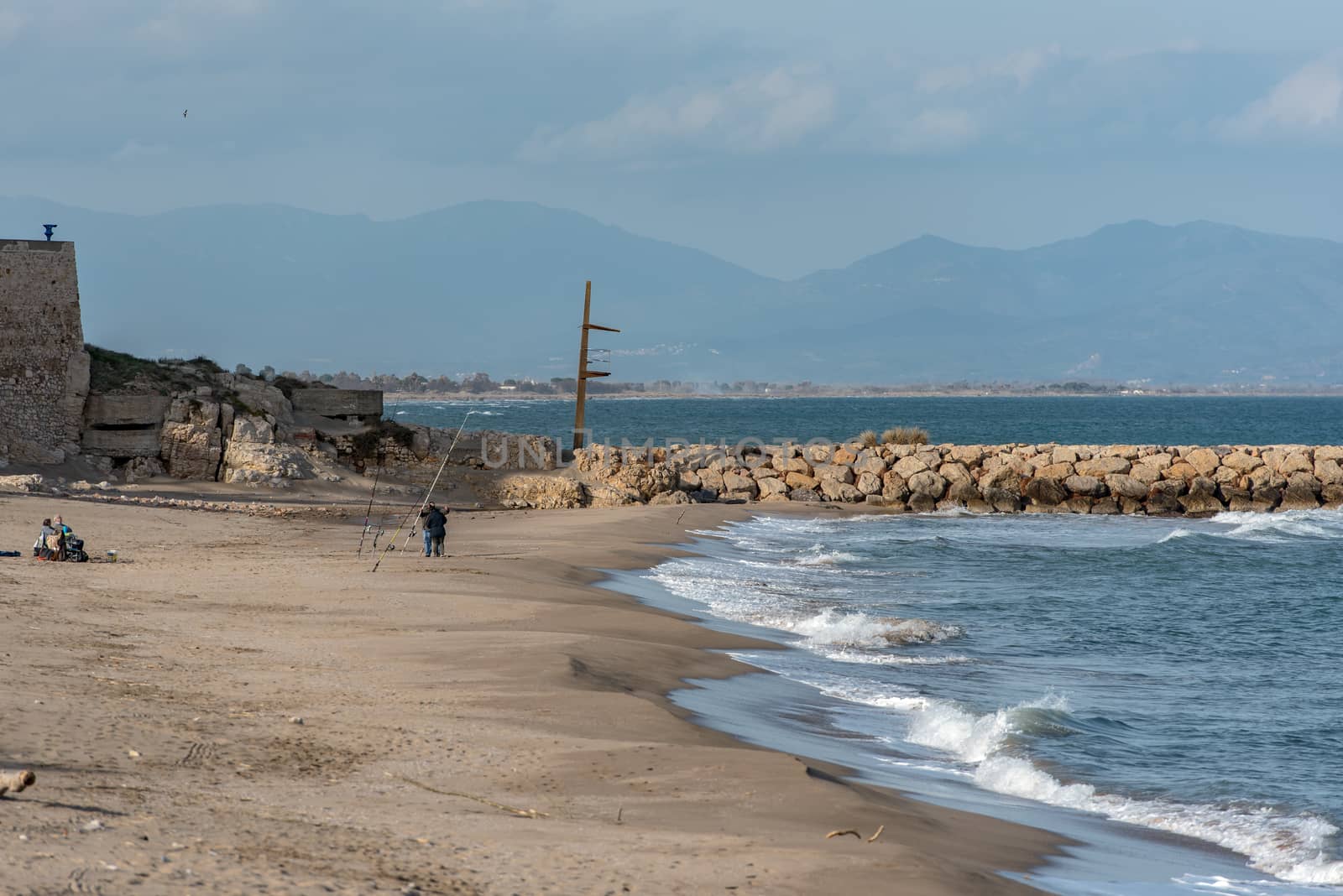 Platja de Les Muscleres in La Escala behind the ruins of Empuries, in the Province of Giron, Catalonia, Spain.