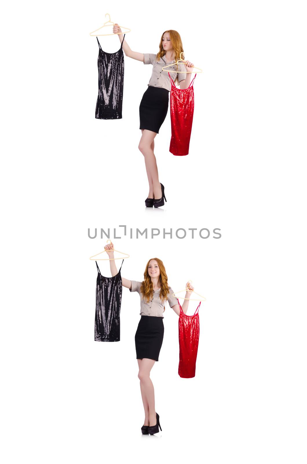 Woman choosing the dress isolated on white