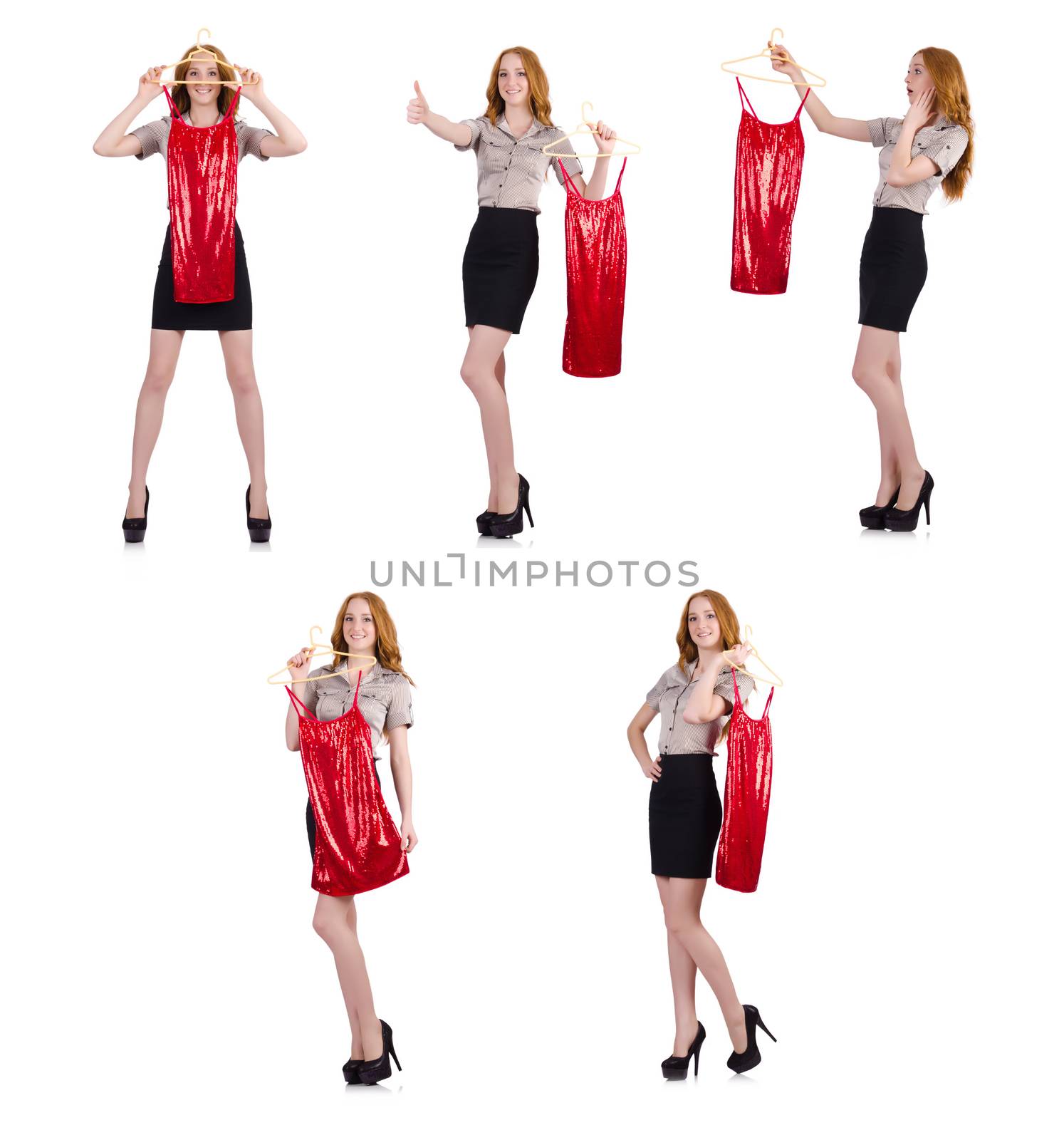 Woman choosing the dress isolated on white