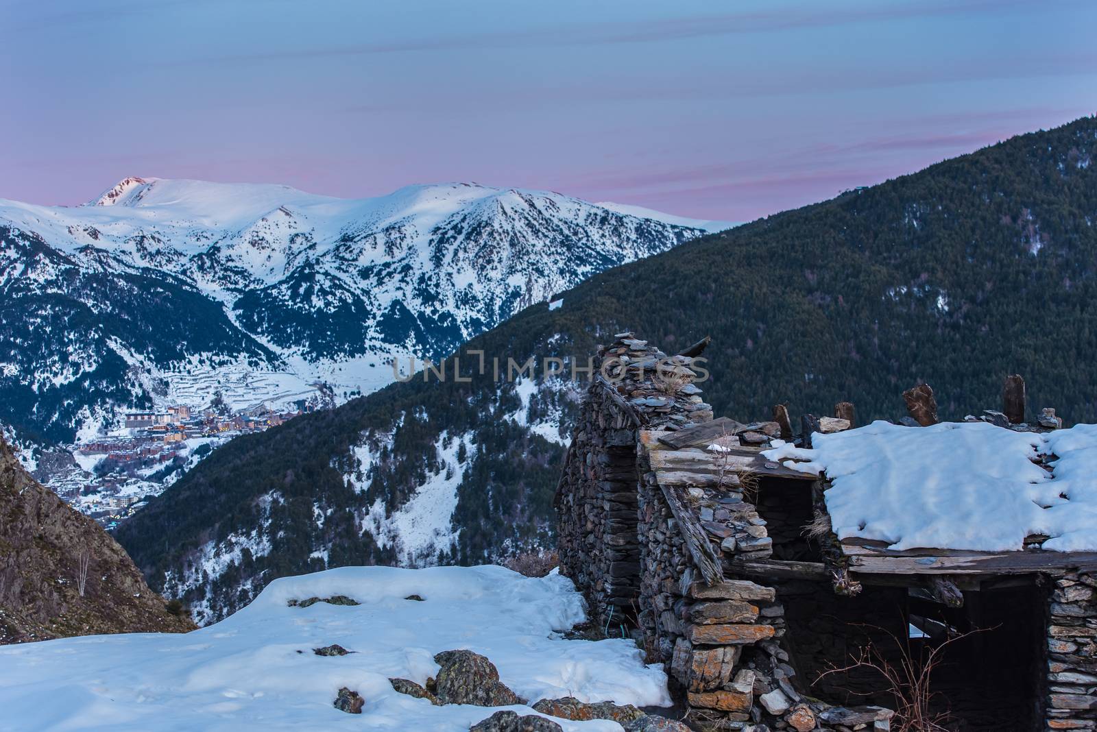 Views of a sunset in the mountains of Andorra. Bordes de l Armiana.