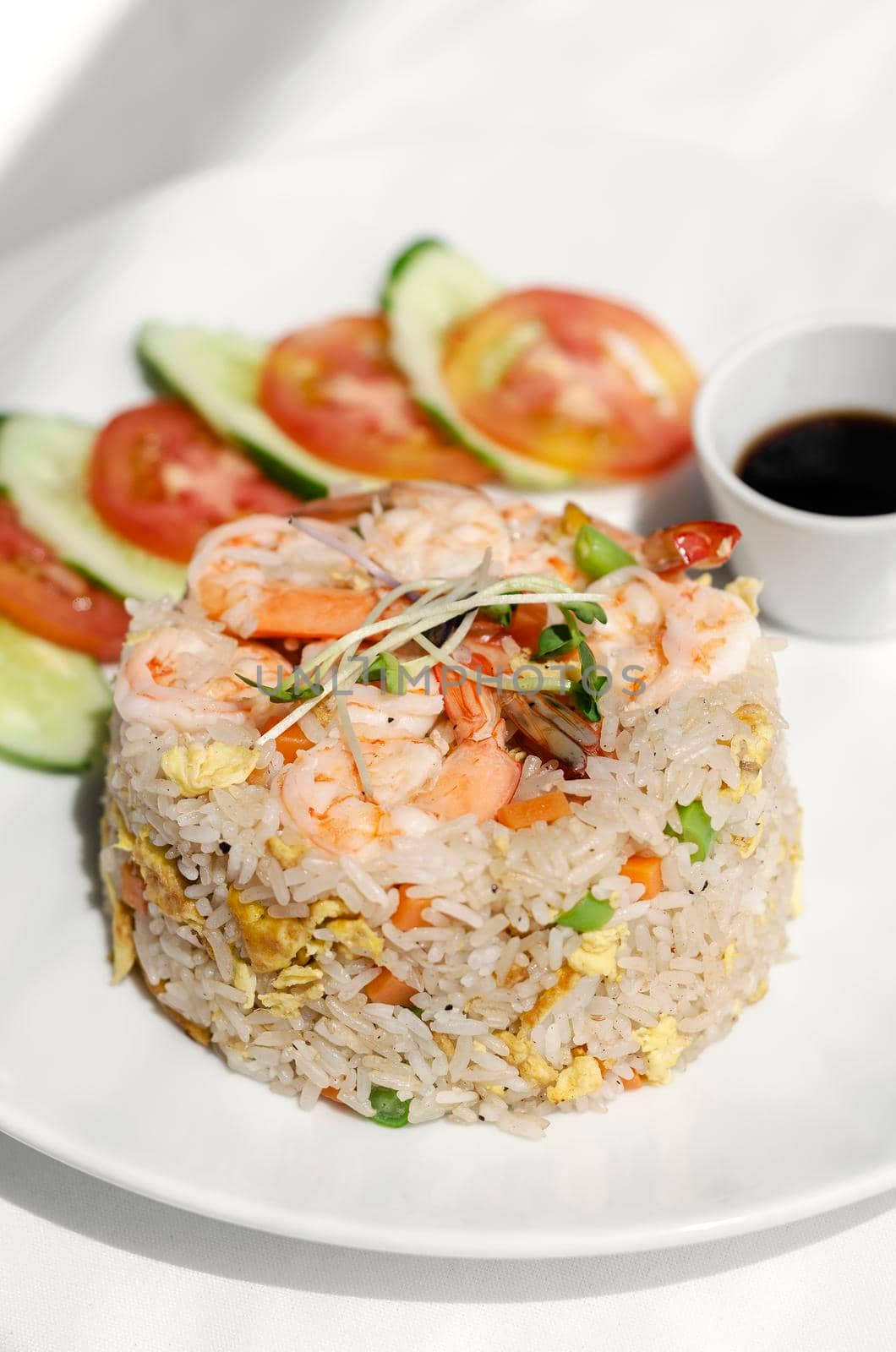 thai shrimp seafood fried rice traditional meal in bangkok restaurant thailand on white table