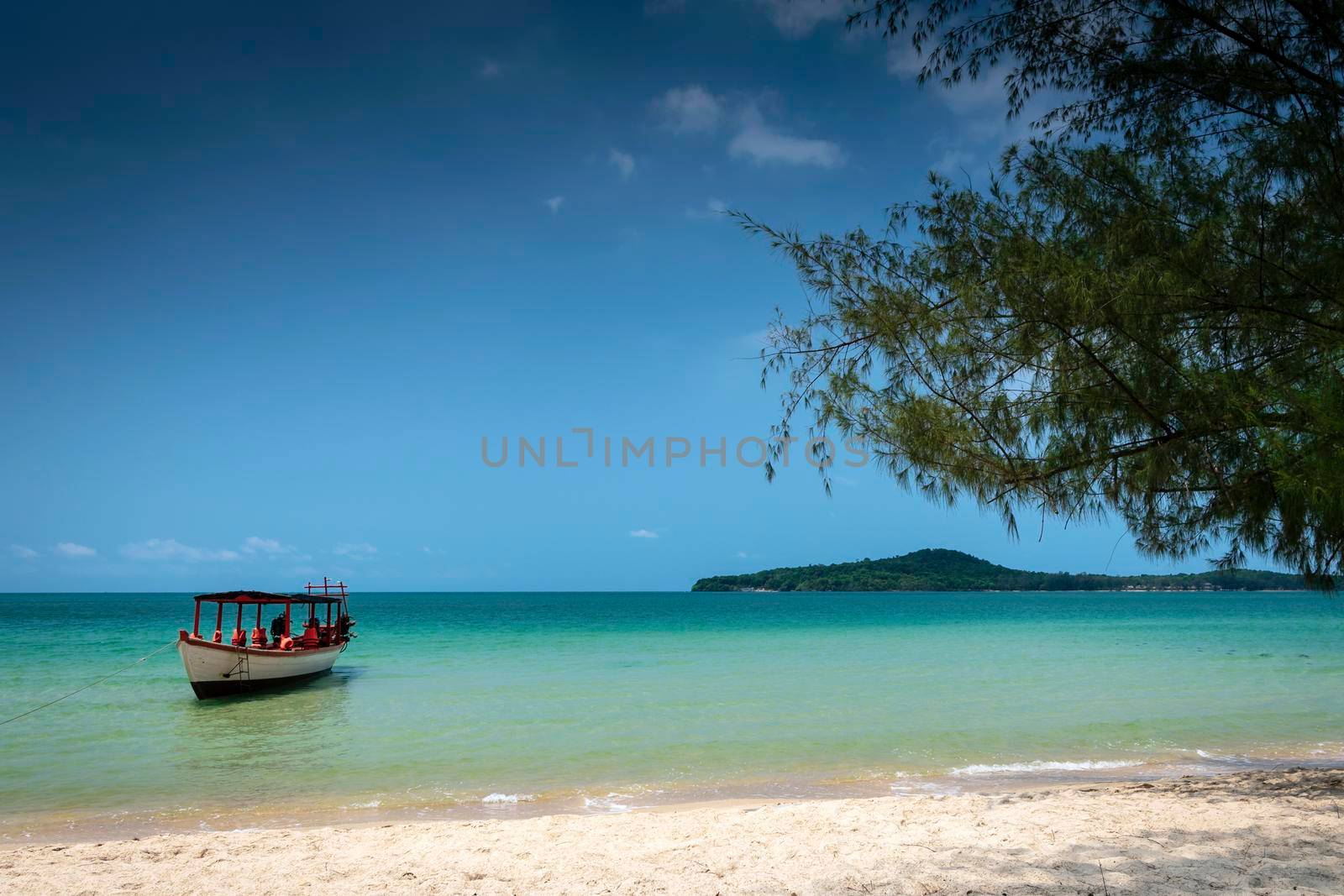 Tourist  boat in Long Beach on Koh Ta Kiev paradise island near Sihanoukville Cambodia