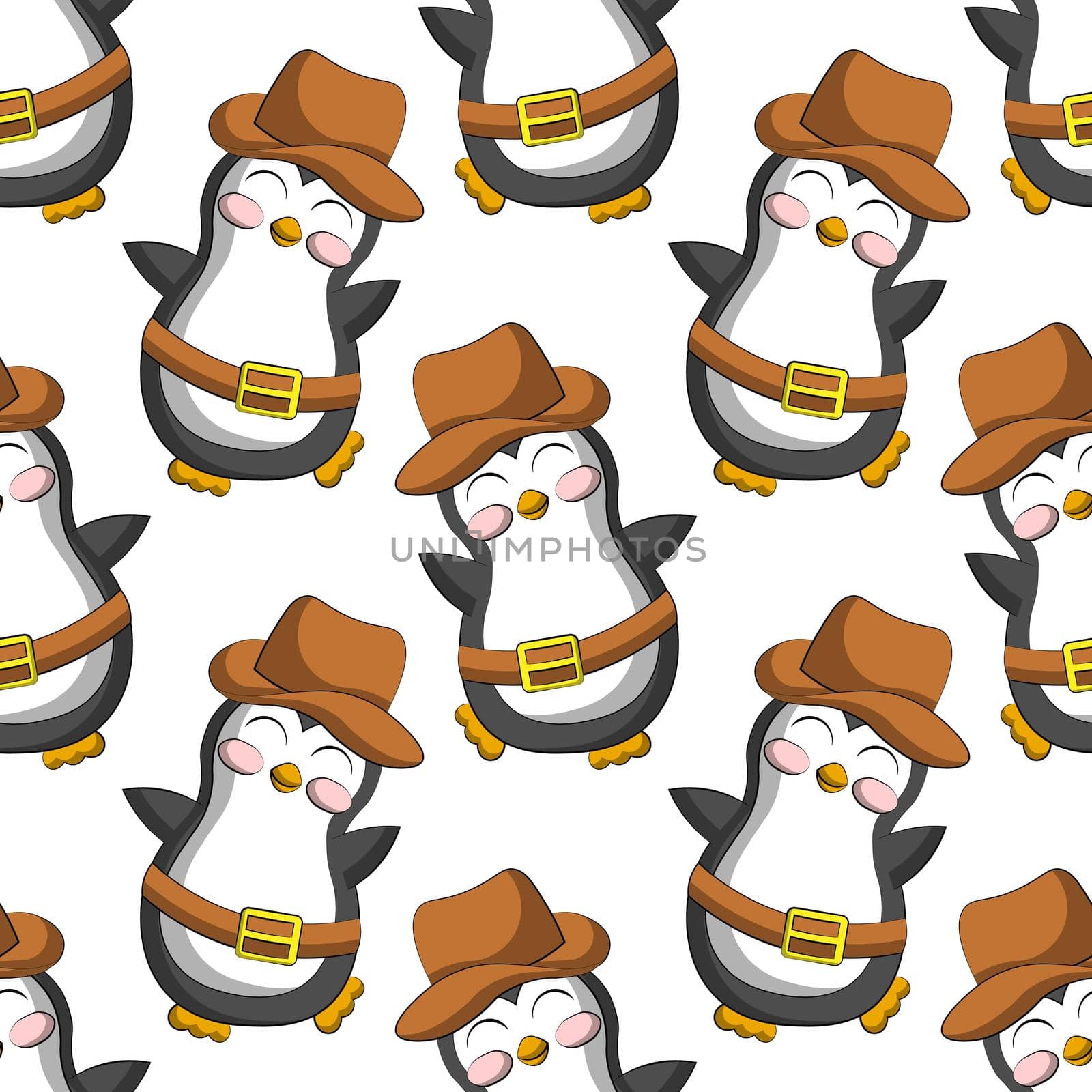 Seamless vector pattern with cute cartoon penguin cowboy by AnastasiaPen