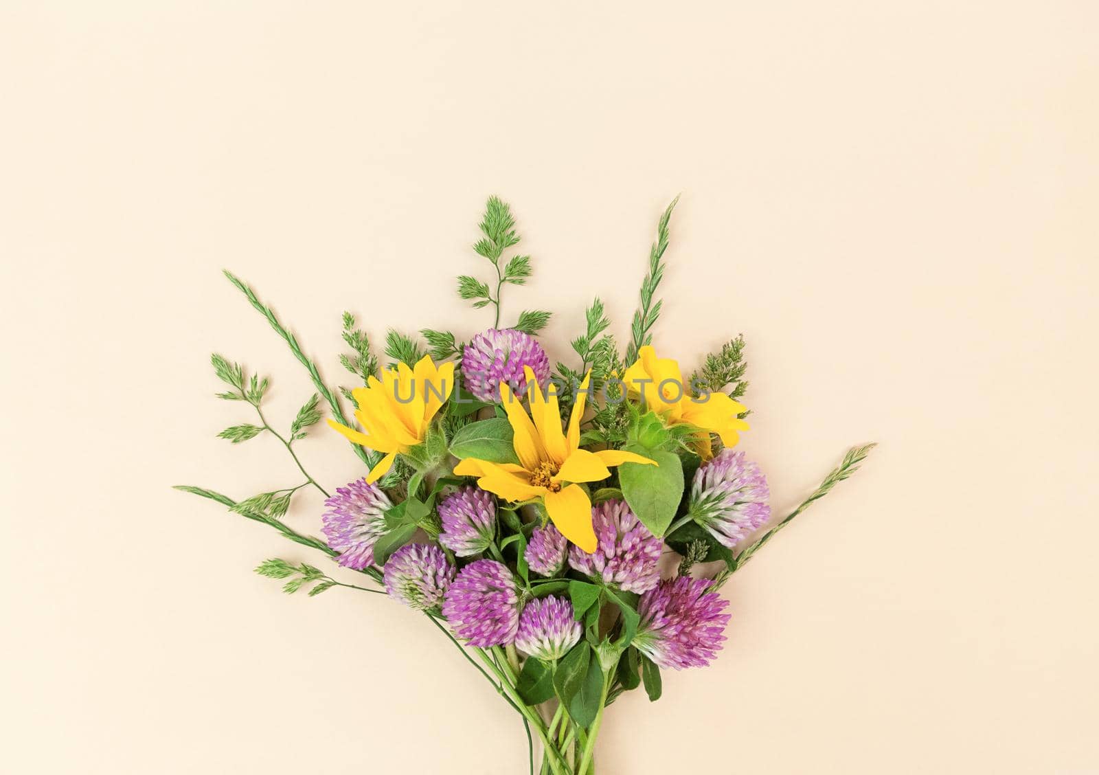 Bouquet from variety of wildflowers on a beige background.