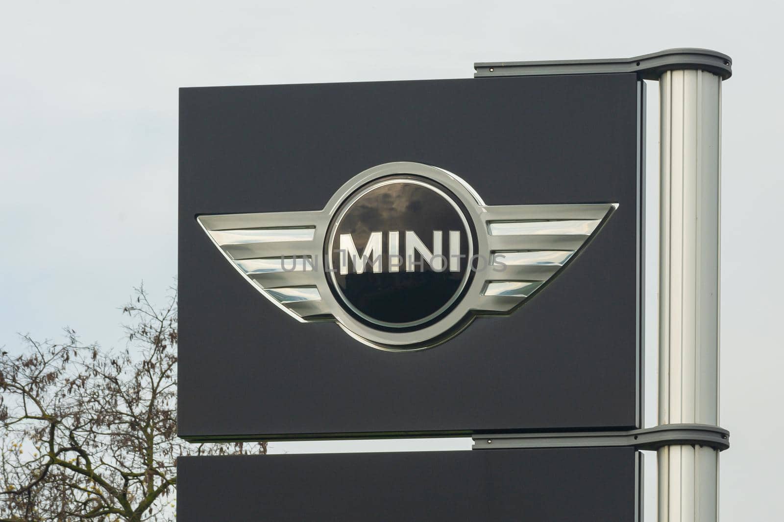 GERMANY, STUTTGART -May 15, 2021: MINI logo on a black banner. Stock photo.