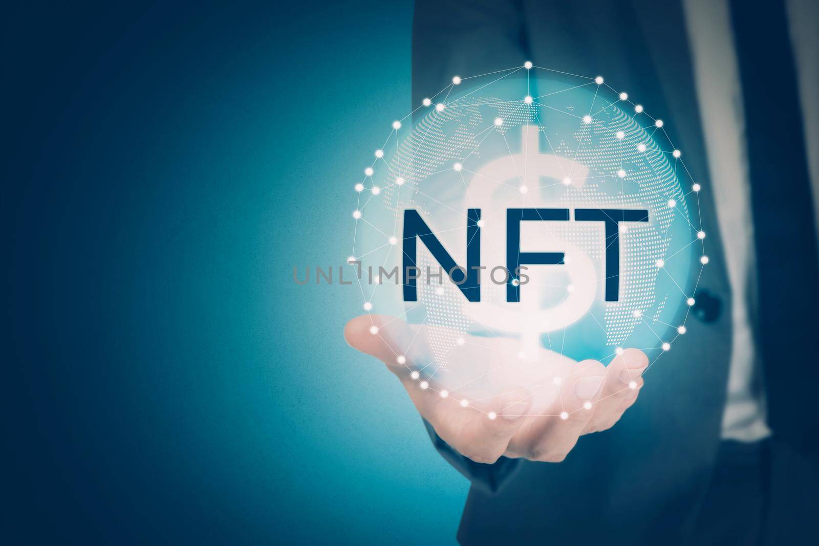 Hands of businessman holding nft world about trading currency digital with artist and art, cryptocurrency and technology blockchain, virtual interface, trend globe, business futuristic concepts.