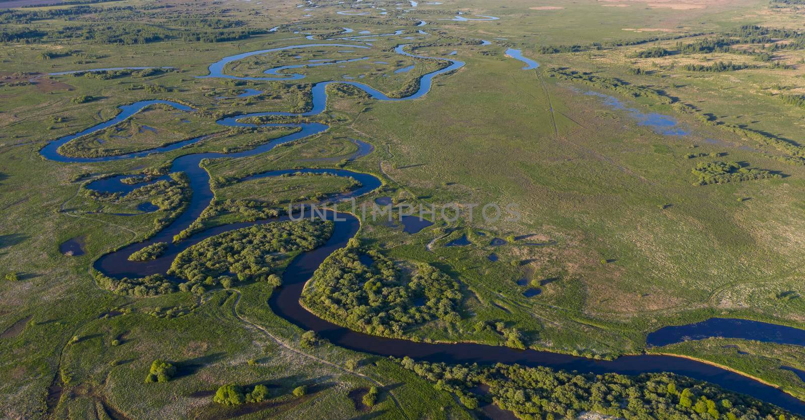 A winding river flows through a swampy plain and forest, aerial view.