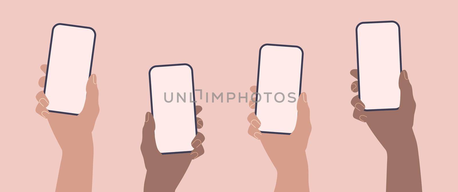 Hands holding phones. Flat smartphone with empty screen template. by Elena_Garder