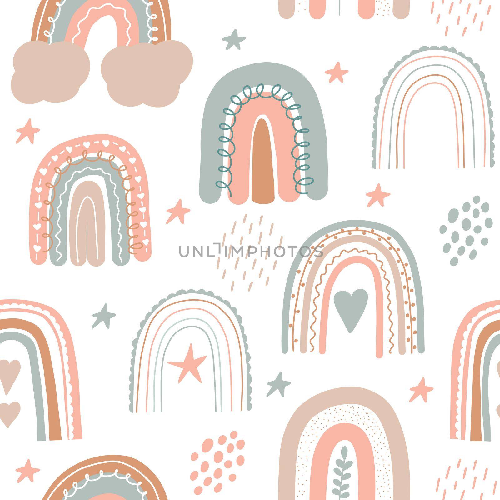 Rainbow seamless pattern. Scandinavian print for nursery room. Kids pastel doodle handdrawn print. Vector illustration