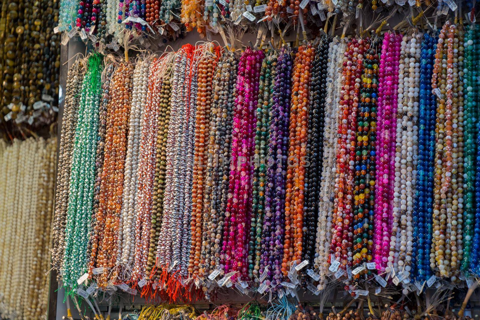 Colorful beads of various color at a market
