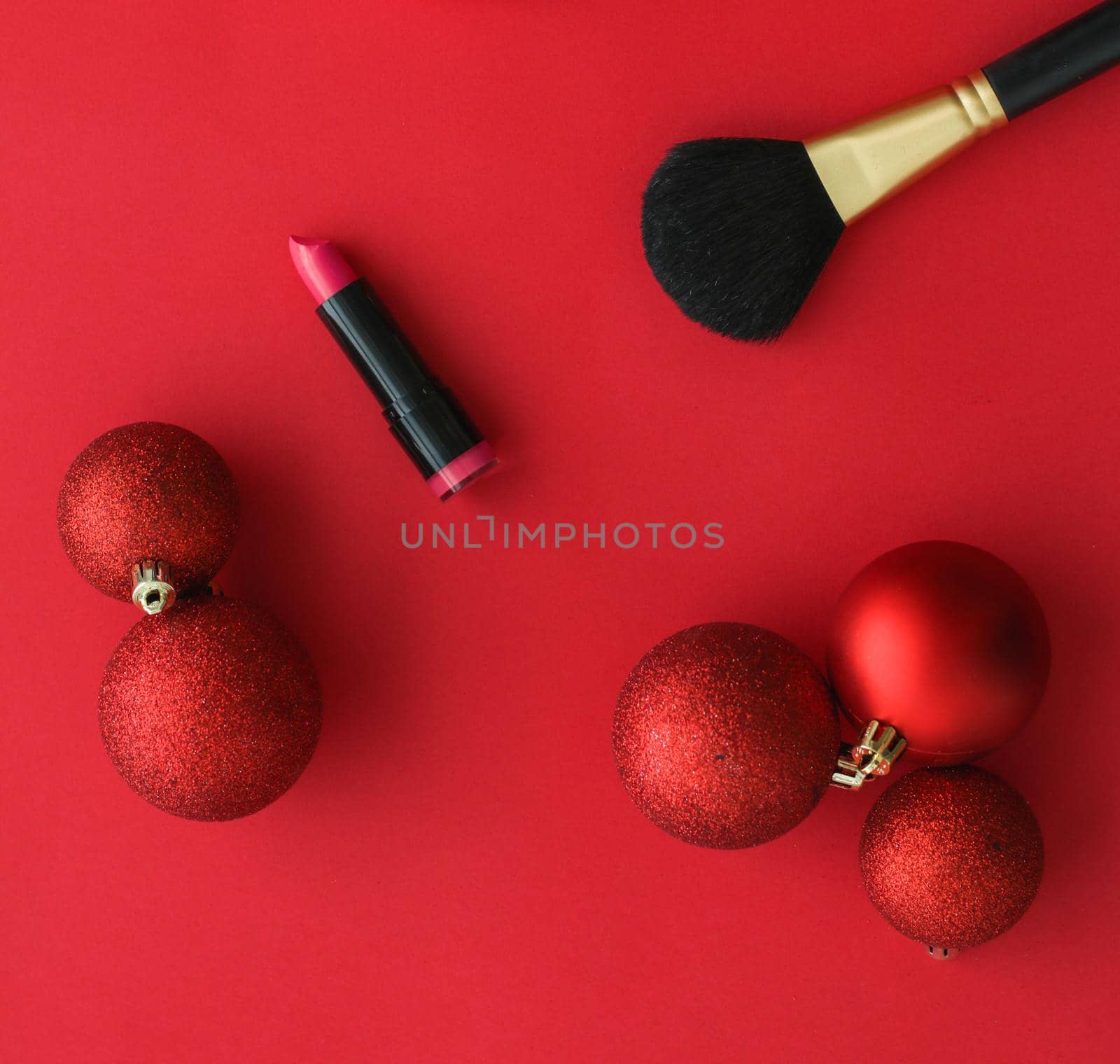 Cosmetic branding, fashion blog cover and girly glamour concept - Make-up and cosmetics product set for beauty brand Christmas sale promotion, luxury red flatlay background as holiday design