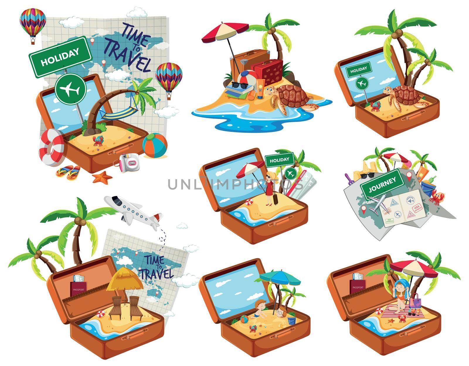 Set of beach in the travel luggage by iimages