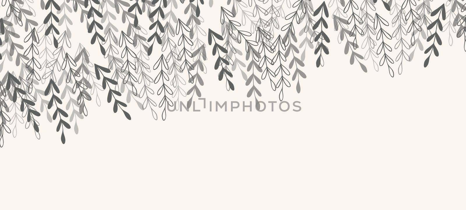Floral web banner with drawn grey exotic leaves. Nature concept design. Modern floral compositions with summer branches. Vector illustration on the theme of ecology, natura, environment by allaku