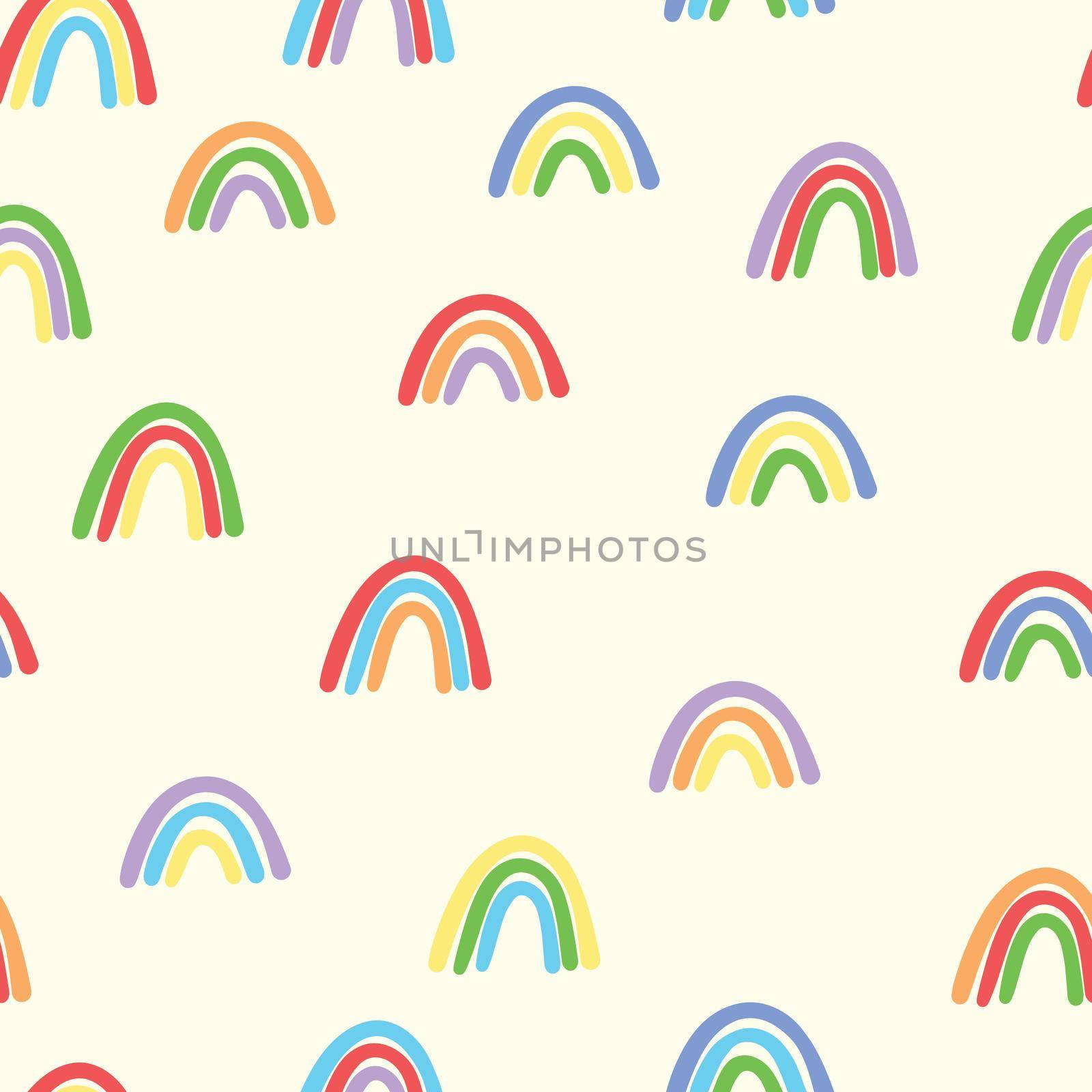 Trendy seamless pattern with colorful rainbow on color background. Design for invitation, poster, card, fabric, textile, fabric. Cute holiday illustration for baby. Doodle style by allaku