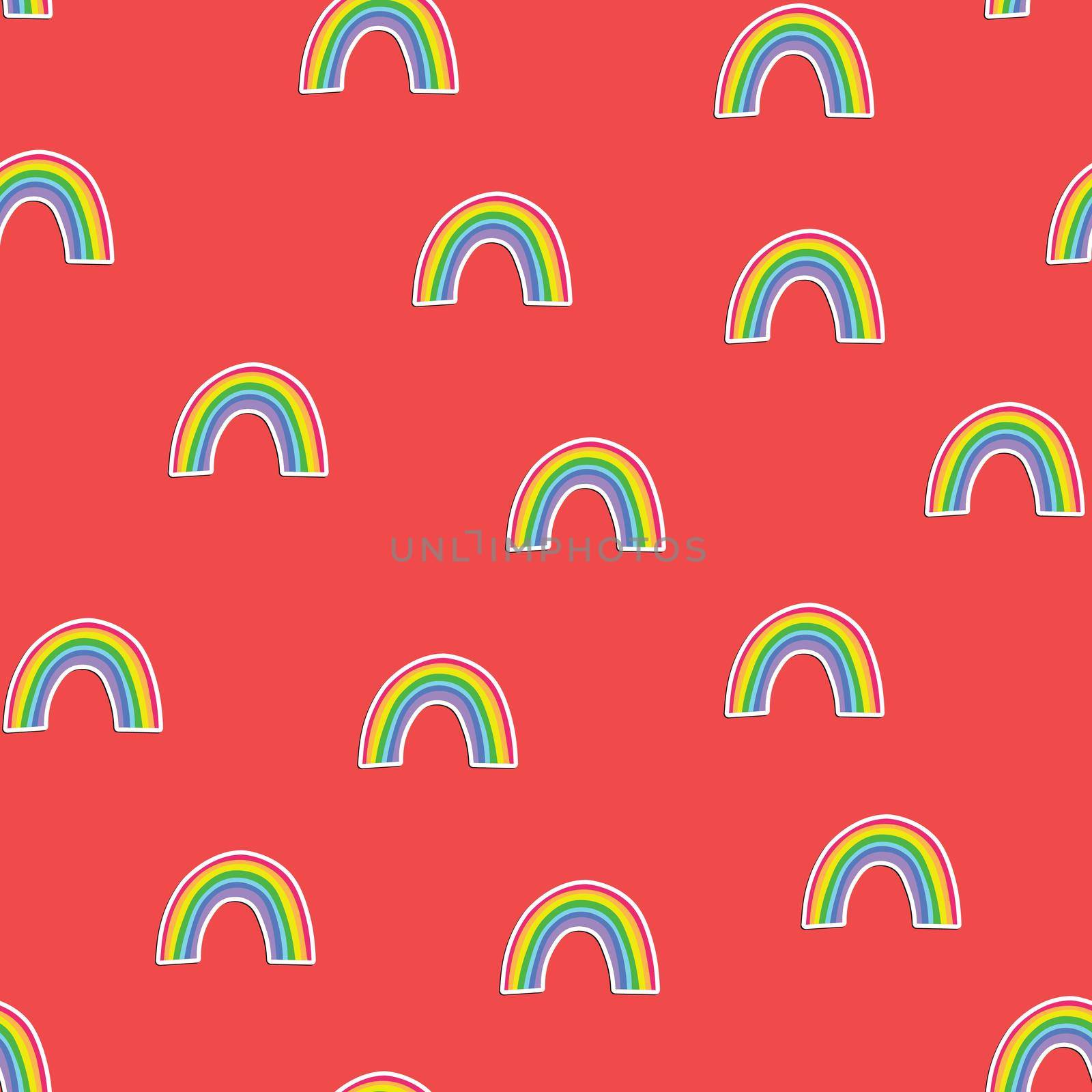 Trendy seamless pattern with colorful rainbow on pink background. Design for invitation, poster, card, fabric, textile, fabric. Cute holiday illustration for baby. Doodle style.