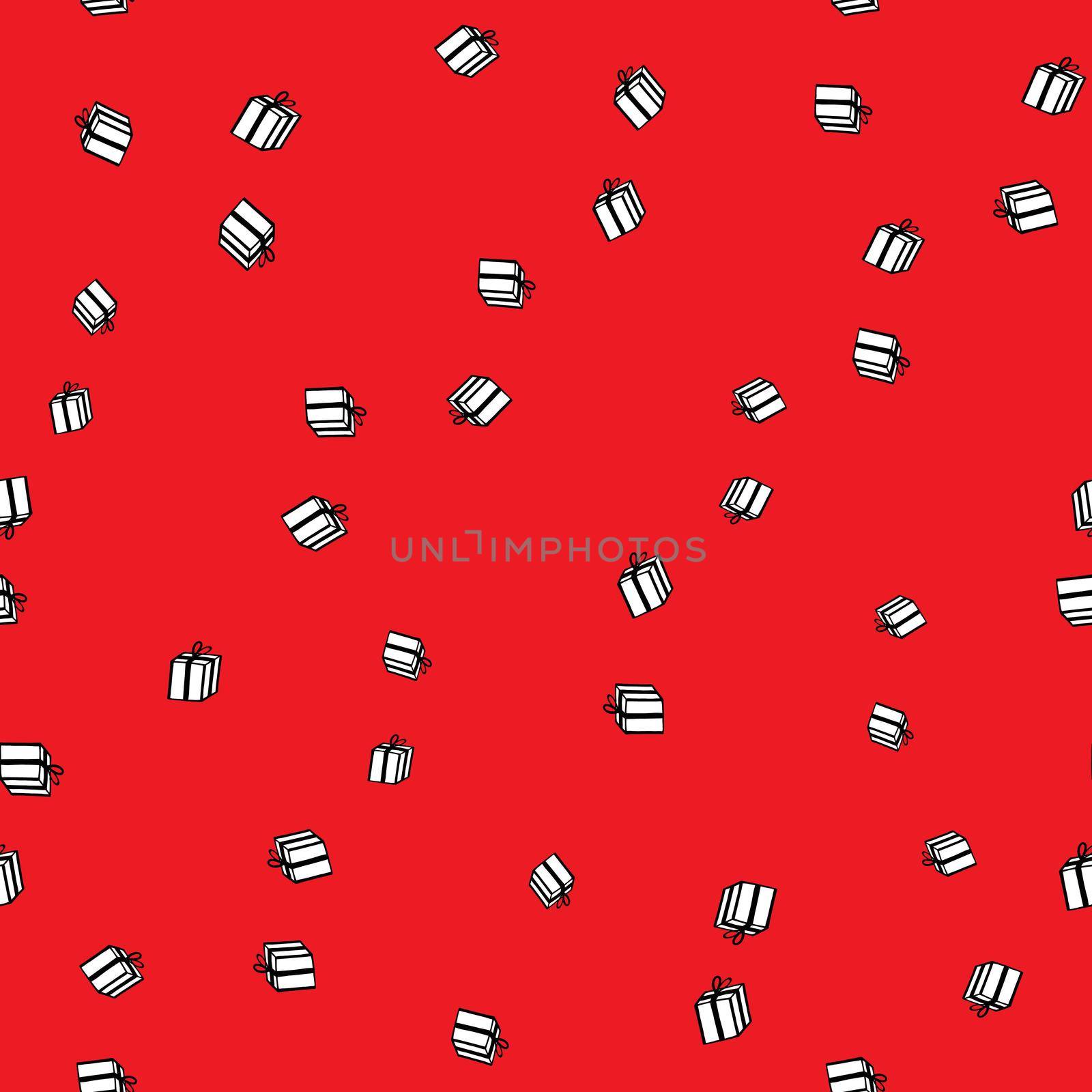 Holiday seamless pattern with present on red background. Vector illustration for Birthday, Merry Christmas, New year. Template design for invitation, poster, card, fabric, textile. Doodle style.