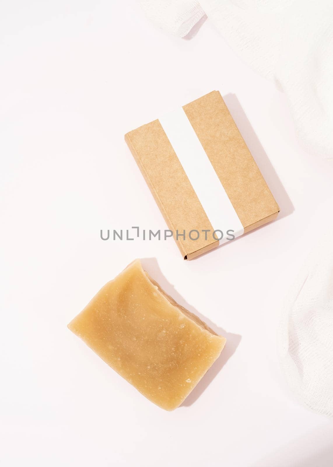 hand made soap and craft box for mock up design on white background, top view flat lay