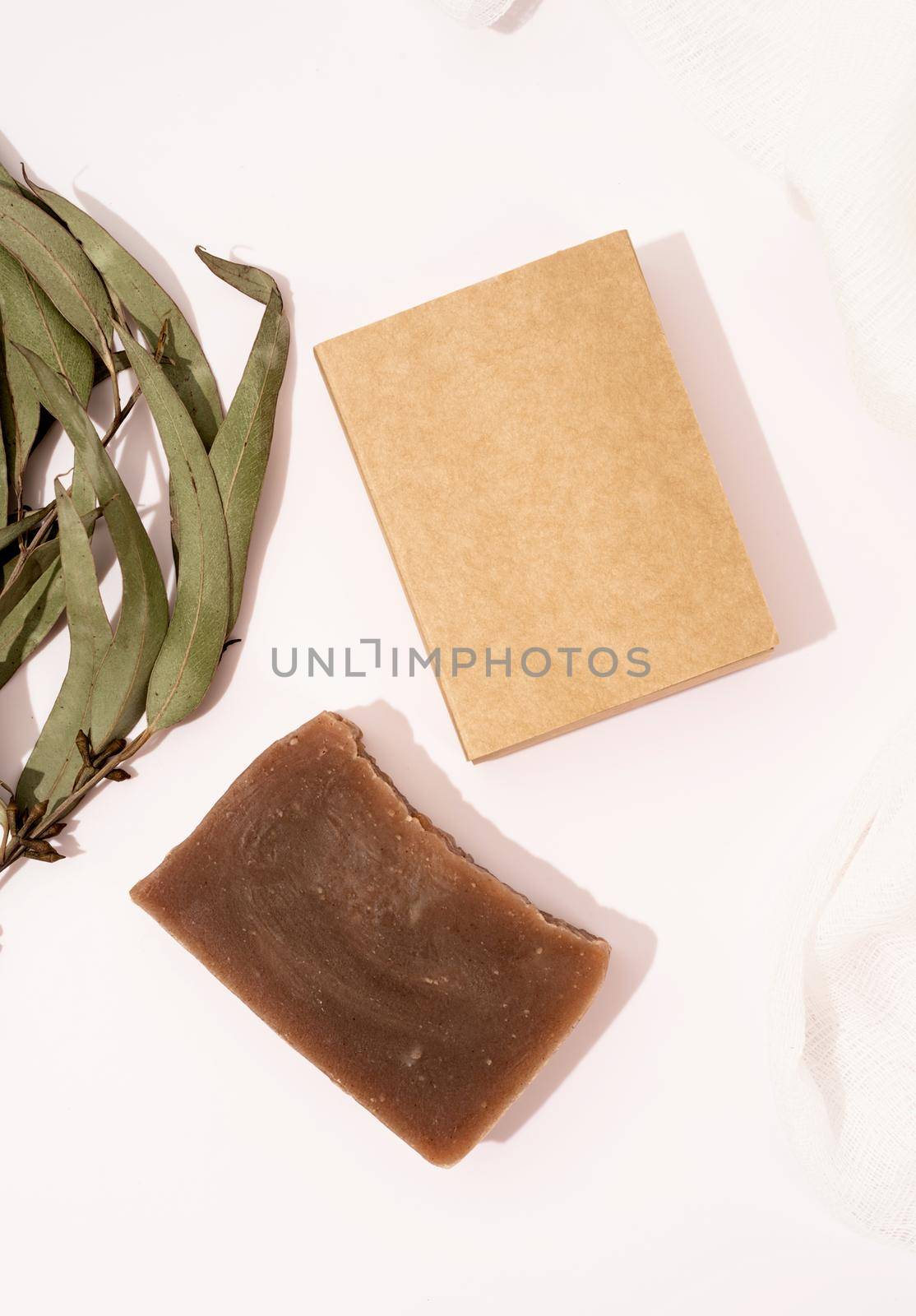 hand made soap and craft box for mock up design on white background, top view flat lay