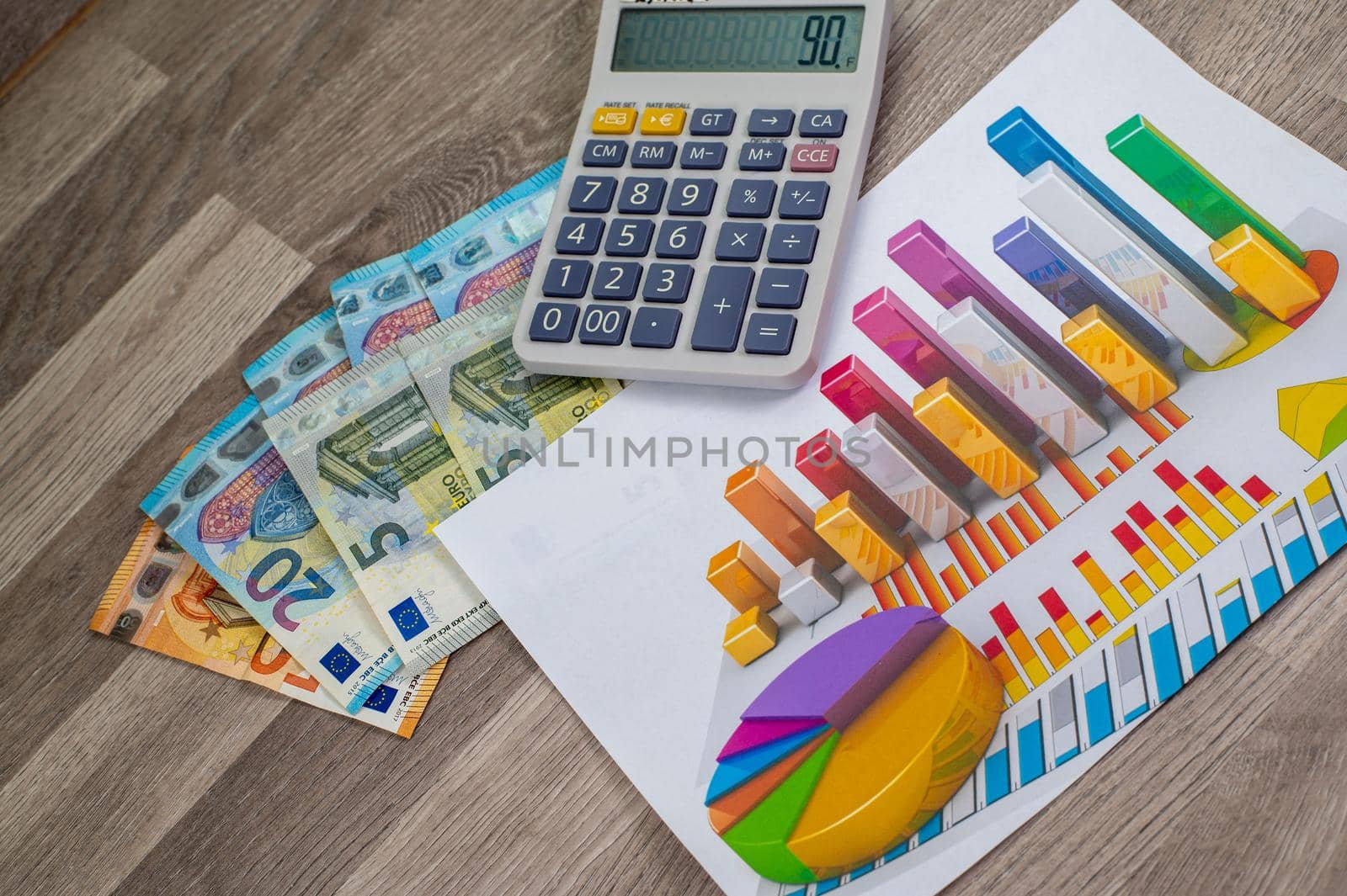 business in the office with euro banknotes and calculator on the table charts and objects