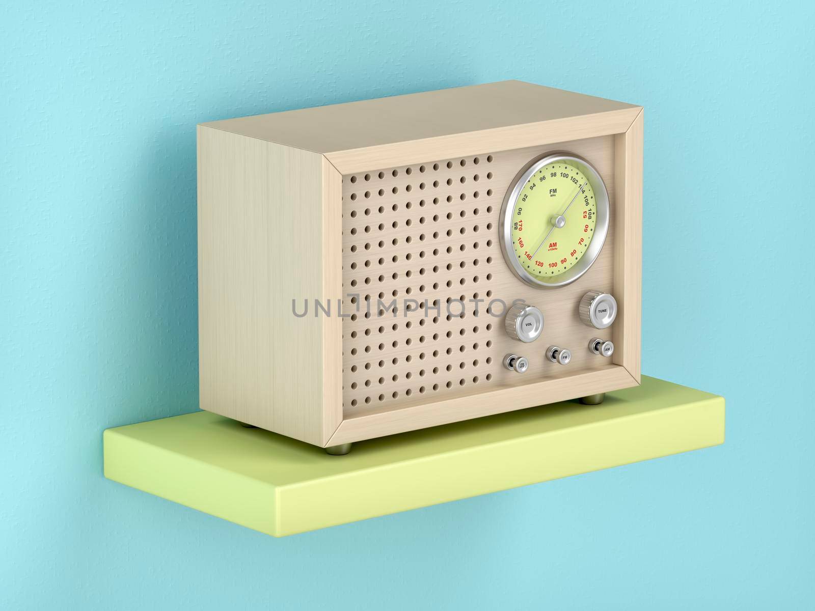 Wooden retro radio on shelf