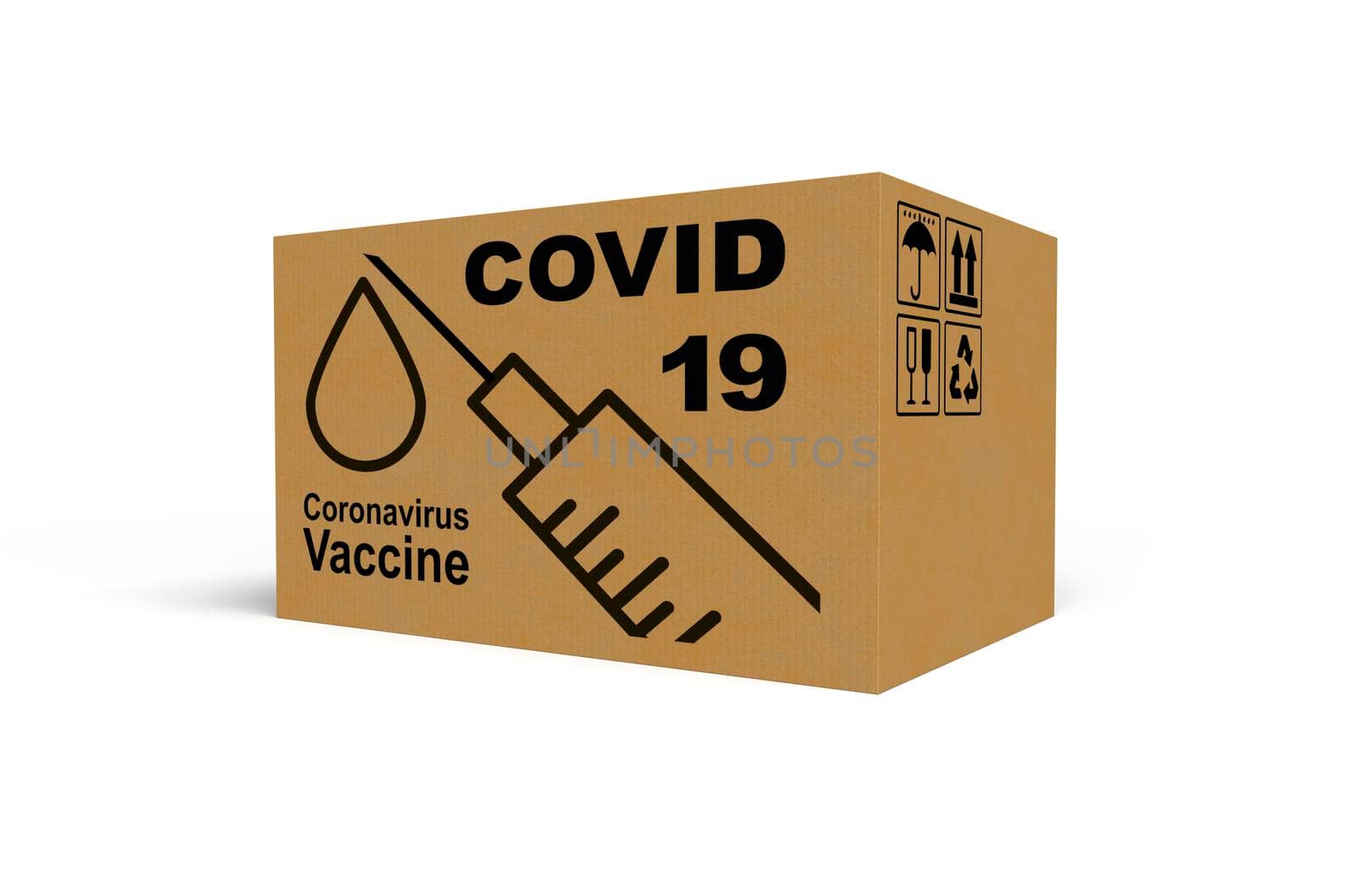 Big cardboard box with coronavirus vaccine on white background. 3D rendering