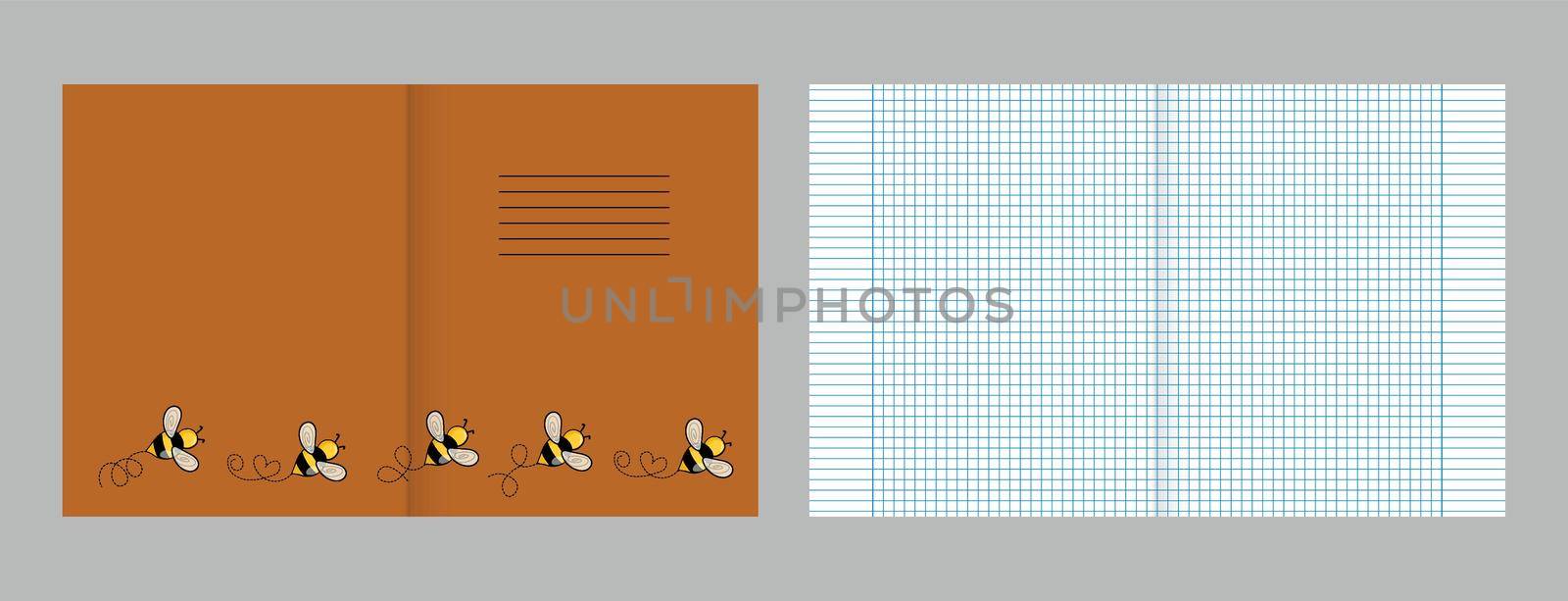 School notebook cover and realistic lined paper blank size reversal A5. Graph paper. Printable squared grid paper with color lines. Geometric background for school, book, diary.