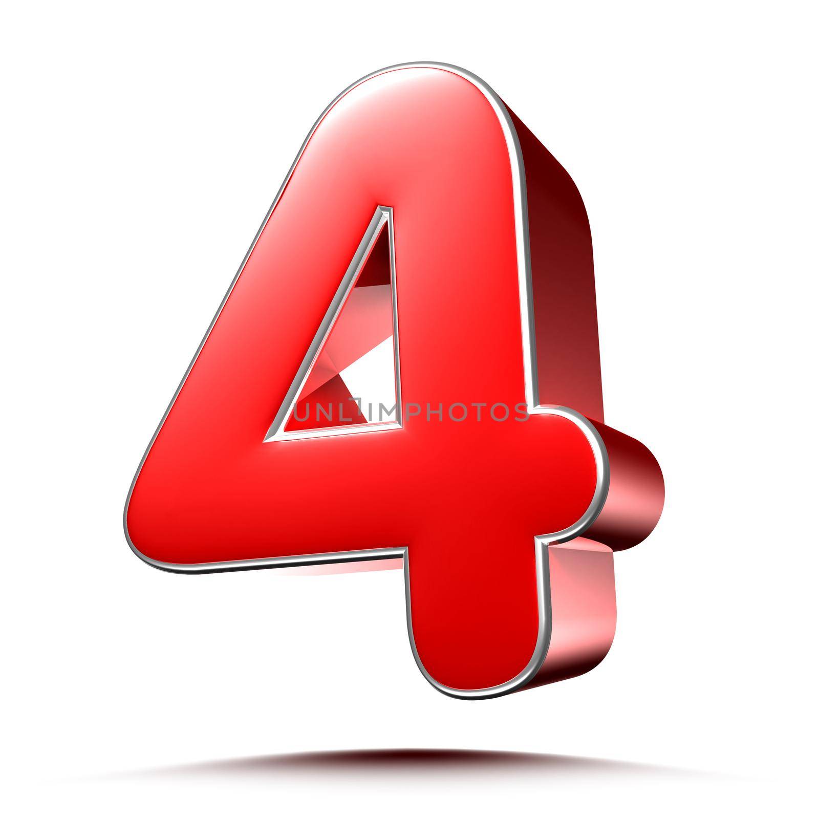 Red numbers 4 on white background 3D rendering with clipping path.