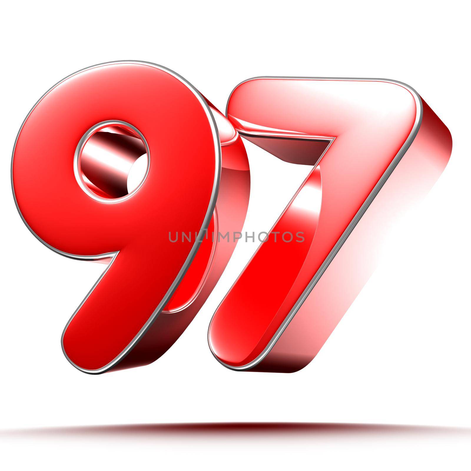 Red numbers 97 on white background 3D rendering with clipping path.