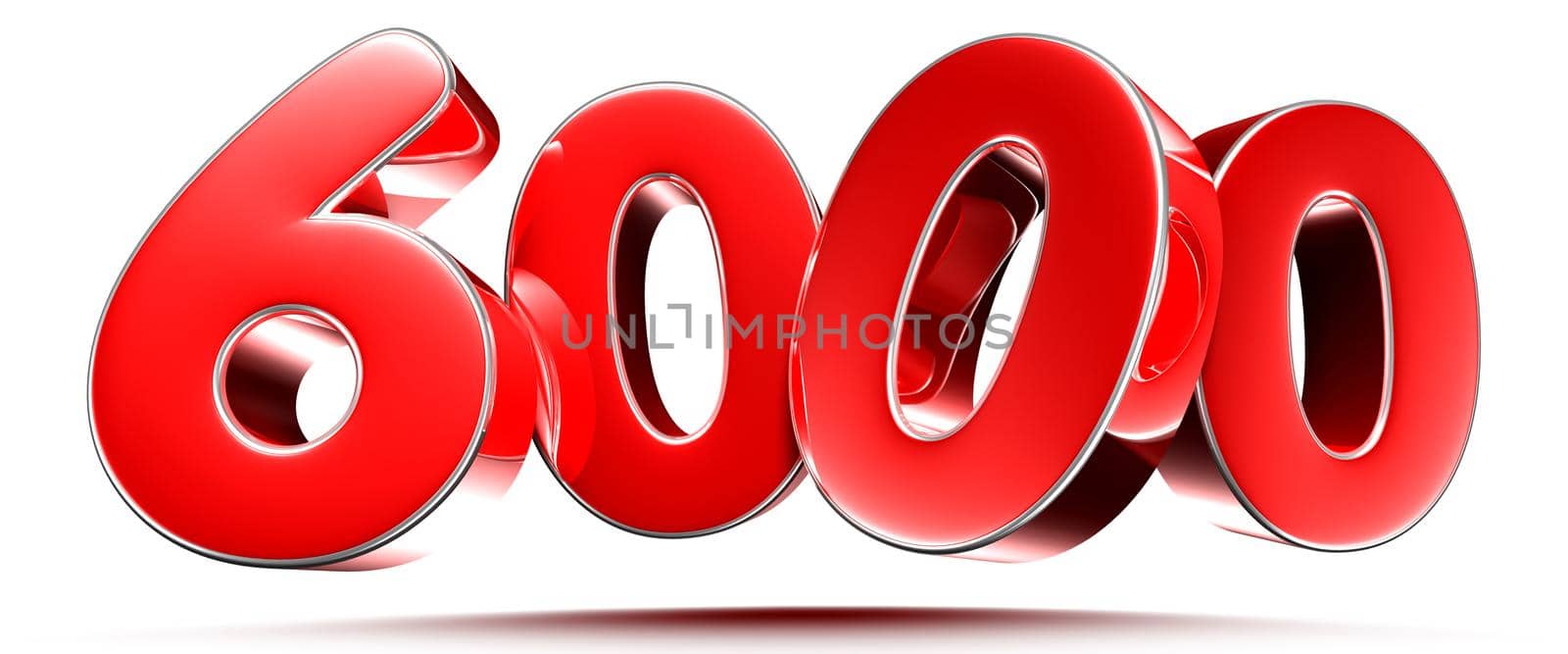Rounded red numbers 6000 on white background 3D illustration with clipping path