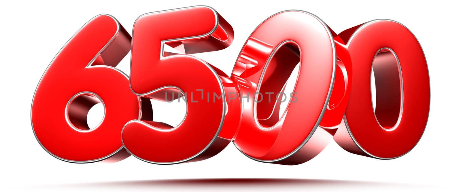 Rounded red numbers 6500 on white background 3D illustration with clipping path by thitimontoyai