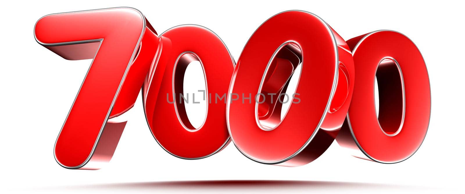 Rounded red numbers 7000 on white background 3D illustration with clipping path