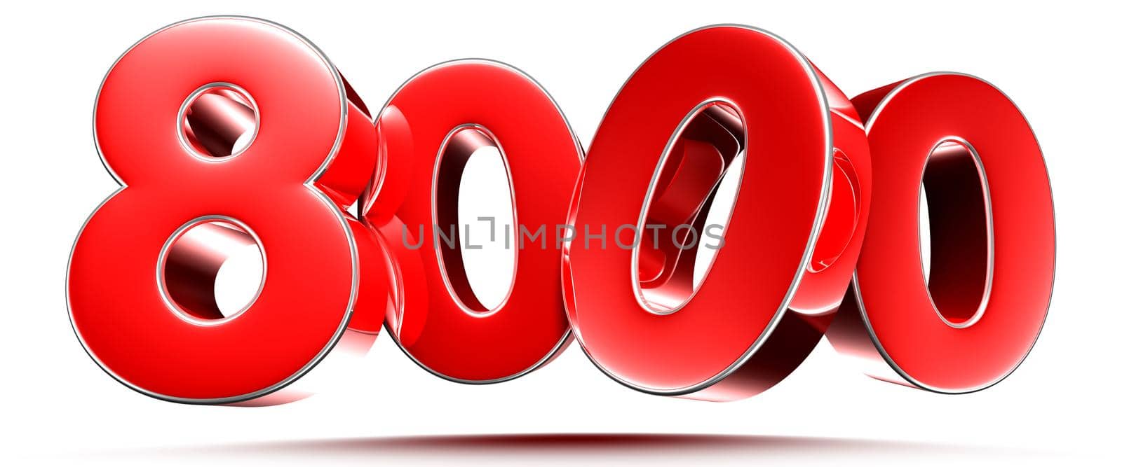 Rounded red numbers 8000 on white background 3D illustration with clipping path by thitimontoyai