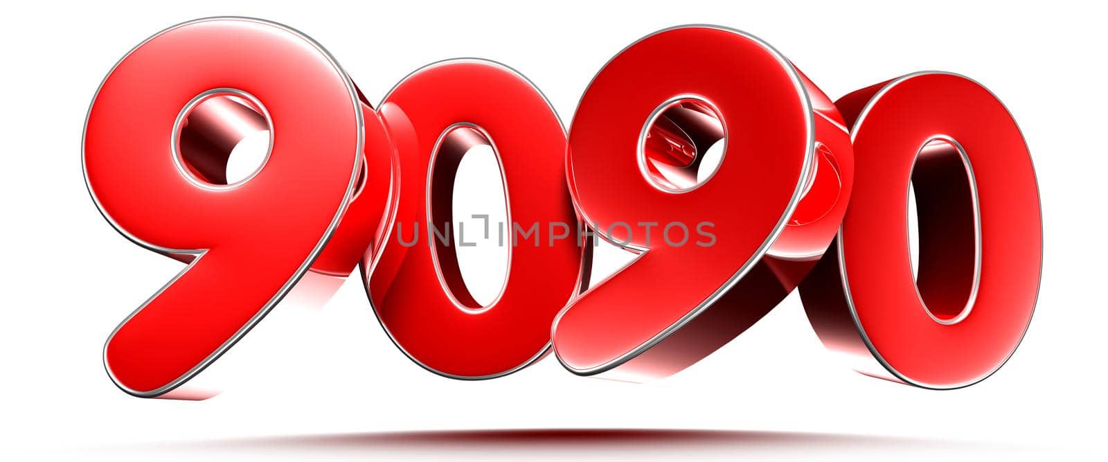 Rounded red numbers 9090 on white background 3D illustration with clipping path