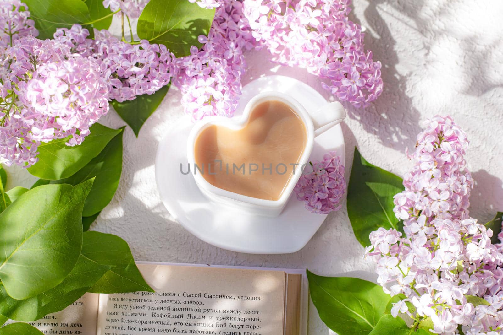 Cappuccino coffee in a cup with a book and a branch of lilac on a white background with shadows . A hot drink. Reading books. relax. Cafeteria advertising concept. Article about cappuccino. Making cappuccino. Lilac branches. Spring. Copy space