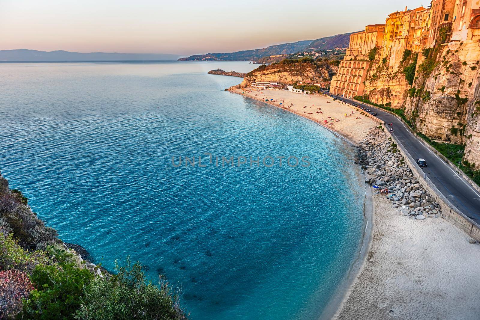 Scenic view over the main beach in Tropea, a seaside resort located on the Gulf of Saint Euphemia, part of the Tyrrhenian Sea, Calabria, Italy