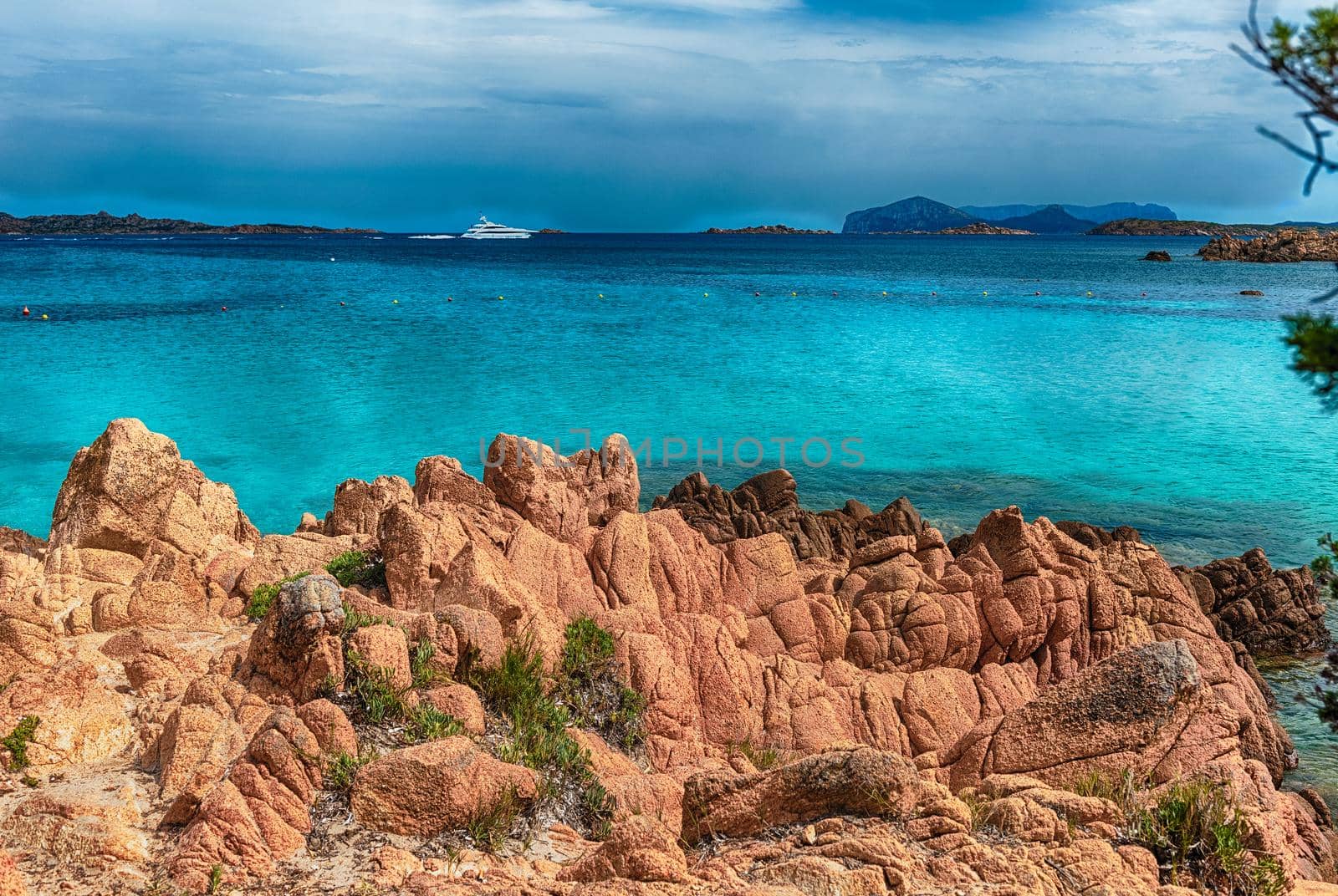 View of the iconic Spiaggia del Principe, one of the most beautiful beaches in Costa Smeralda, Sardinia, Italy