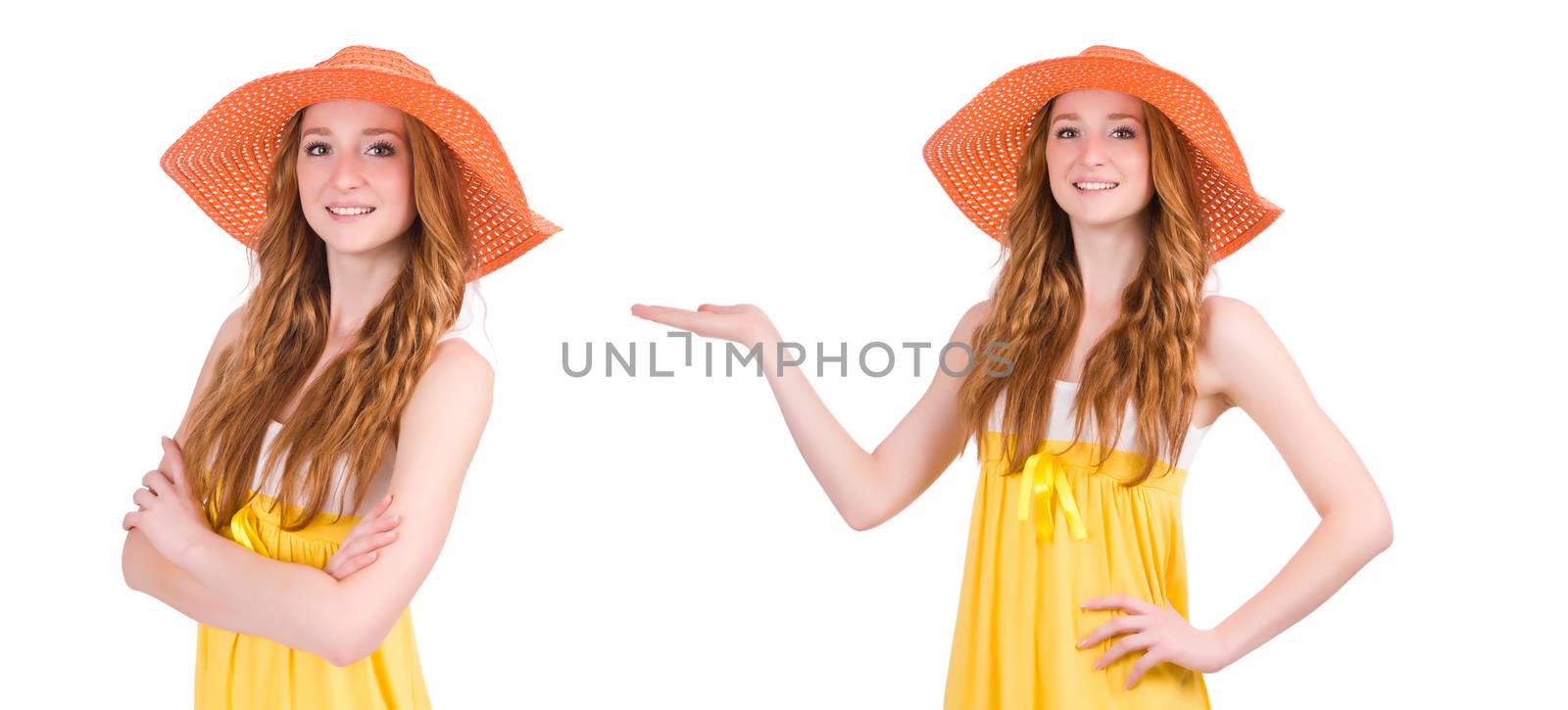 Young woman in yellow summer dress isolated on white