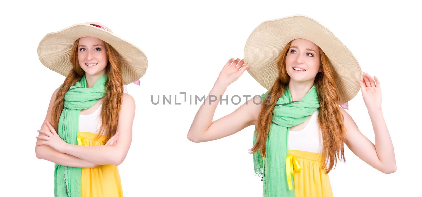 Young woman in yellow summer dress isolated on white