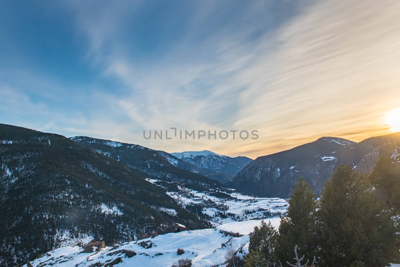 Views of a sunset in the mountains of Andorra. Bordes de l Armiana.