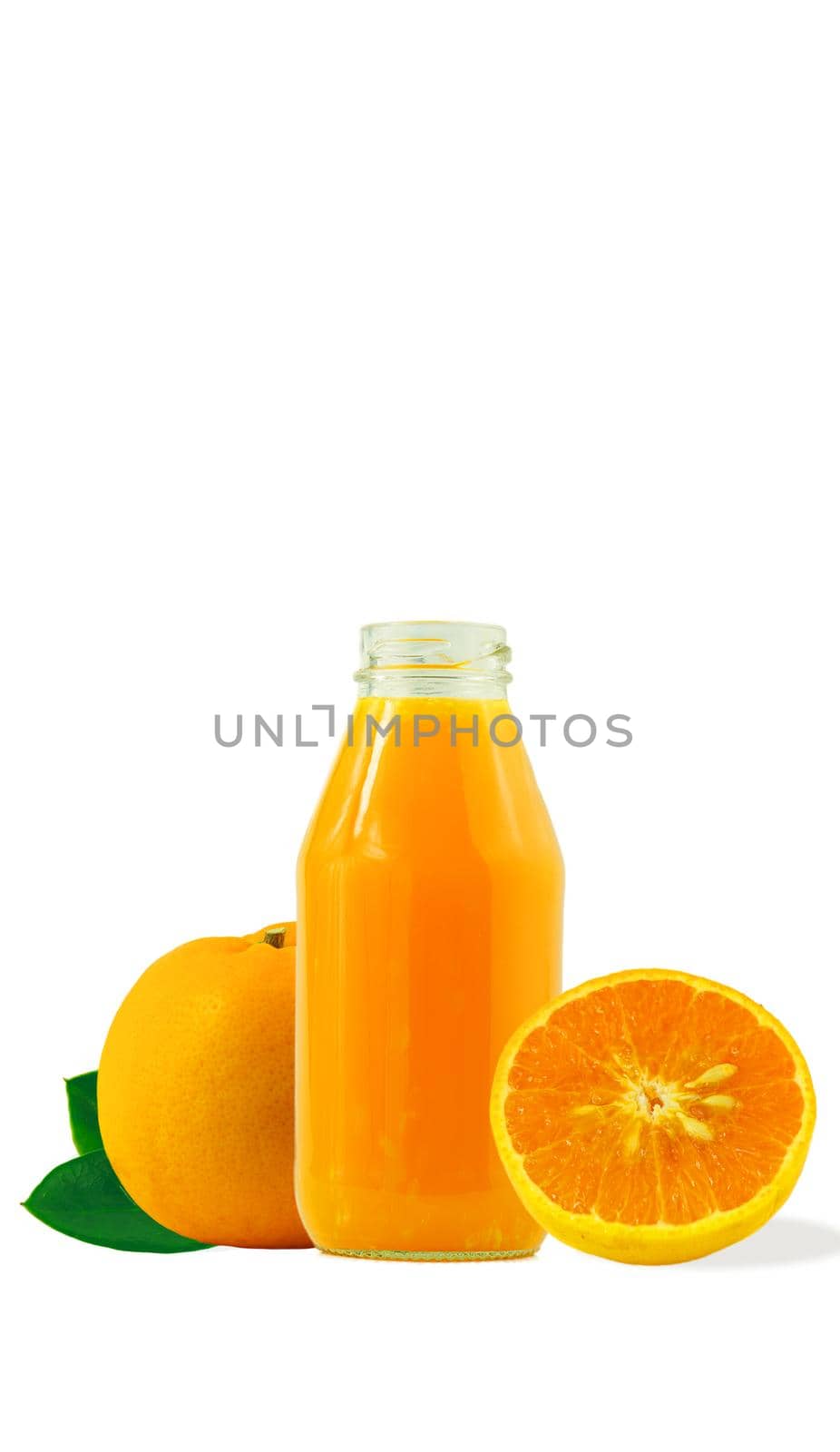 100% fresh-squeezed orange juice in a glass bottle And citrus fruit split on white background. Concept of how to live with a naturally refreshing drink that contains vitamin C